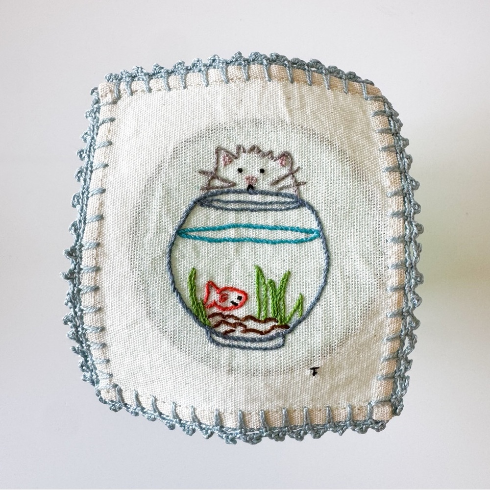 Embroidered Cat and Fishbowl Linen Cloth
